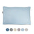 A Pillowtex Dream in Color pillow in light blue, rectangular in shape, is placed at the center of a white background. Beneath it are six small circular swatches displaying the colors: blue, gray, cream, beige, light gray, and light green. This hypoallergenic down-alternative pillow features a label on its left edge.
