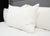 A close-up of a bed features three Down Etc. 25% White Goose Down / 75% White Goose Feather Pillows against a gray padded headboard, neatly arranged on crisp white sheets, with a small white Down Etc. fabric tag visible on the front pillow.