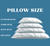 Four Pillow Factory Comfort Down Pillows, as seen in La Quinta Inns, are stacked by size—Standard, Jumbo, Queen, King—on a blue background. These bedding essentials feature feather and down fill and are arranged largest to smallest under "Pillow Size.